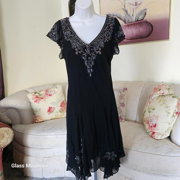 SOLD - JKara Cocktail Dress With Silver Beading Hanky Hem & Flutter Sleeves - Picture 3 of 10